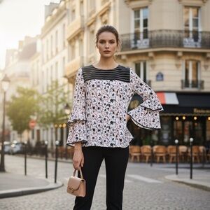 NY Collection Floral Stripe Bell Sleeve Long Sleeve Blouse Size Medium